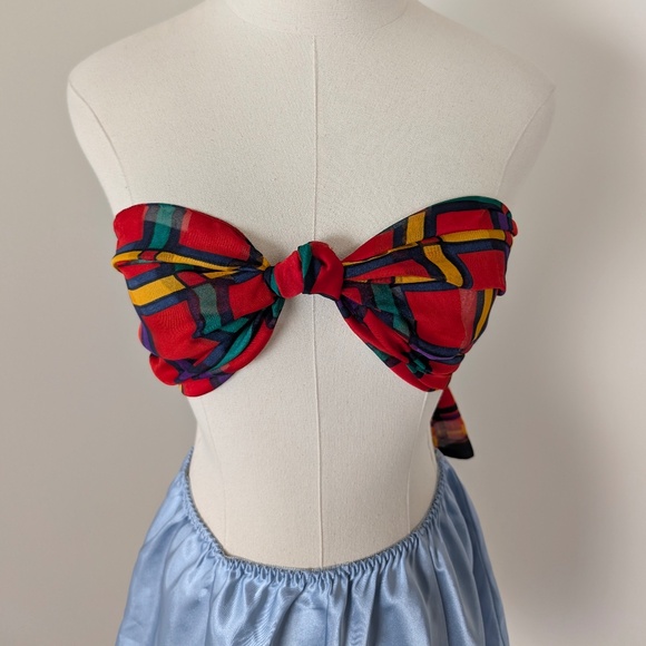 90s Plaid Scarf Abstract Rectangular Sheer Primary Colours Grid Tartan - Picture 5 of 8